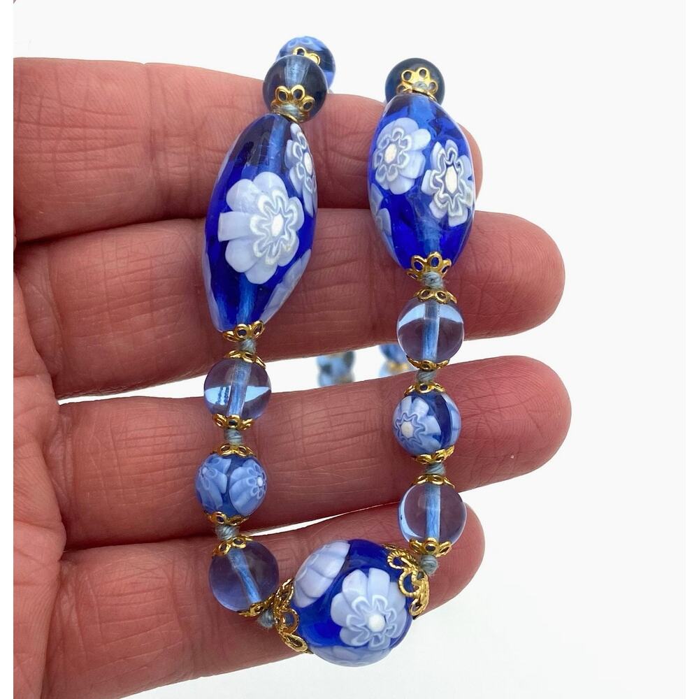 Vintage Venetian Glass Necklace Periwinkle Blue Floral Flowers 18" Italy